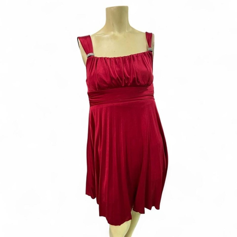 I.N. San Francisco Red Pleated Midi Dress Rhinestone Buckle Straps Womens Small